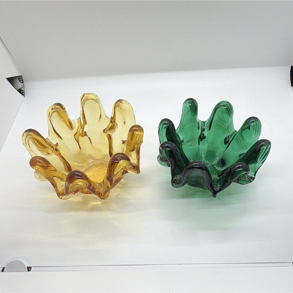 Made in Italy Murano Style Art Glass Handkerchief Decorative Bowls Amber & Green